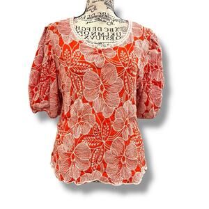 Solitaire Size XL Orange Embroidered Puff Sleeve Blouse Top